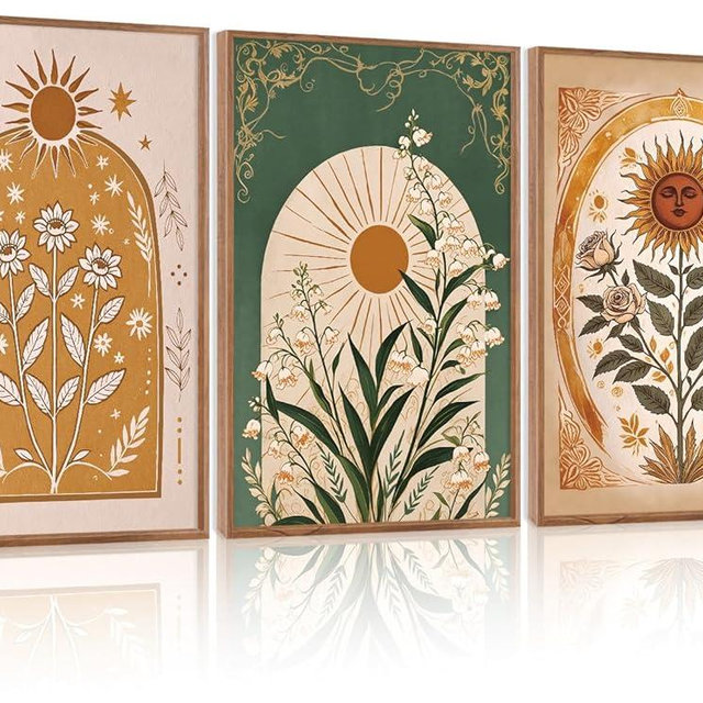 CHDITB Bohemian Floral Framed Canvas Wall Art Set, Nature Inspired Wall Decor, Boho Sun Art Spiritual Wall Painting, VintageArt Flowery Prints for Living Room, Bedroom, Office-Large Size 16"x24"x3