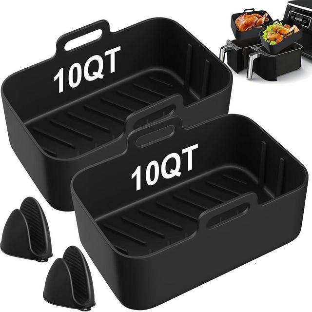 10QT Air Fryer Silicone Liners, 2Pcs Reusable Airfryer Pot for Dual DZ401 DZ550 with Mitts Basket Accessories, Air Fryer 2 Basket,Oven Microwave Accessories, Black