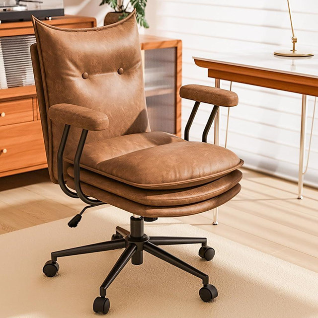 Sucrever Brown Leather Office Chair with Wheels, Triple-Layers Thicken Wide Seat Height Adjustable, Mid-Century Modern Comfy Desk Chair for Home, Office