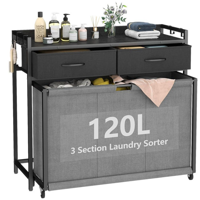 STIKELY Laundry Hamper Laundry Basket with 3 Section Pull-Out Rolling Bags, Laundry Sorter for Organization and Storage with 2 Pull-Out Drawers for Laundry Room, Bathroom, Bedroom Use (Black)