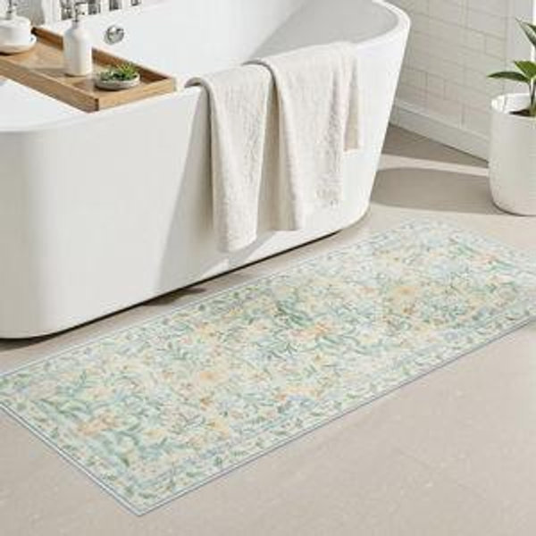 Seavish Sage Green Bathroom Rugs 18 x 47 Inch Boho Floral Bathroom Runner Rug Non Slip Washable Soft and Absorbent Bath Mat Farmhouse Decor Floor Mats for Sink Shower Bathtub