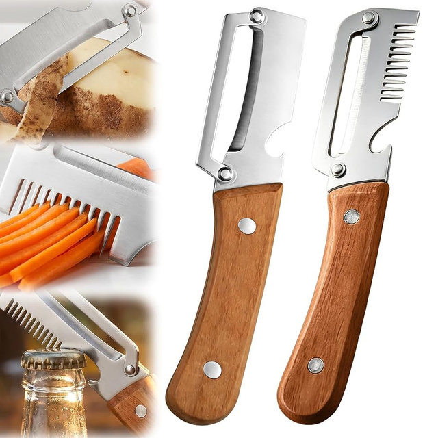 2026 Upgrade Vegetable Peeler and Julienne Peeler Set, Stainless Steel Vegetable Peelers for Kitchen with Wood Handles and Bottle Opener, 2-Pcs Multifunctional Vegetable Peeler Set