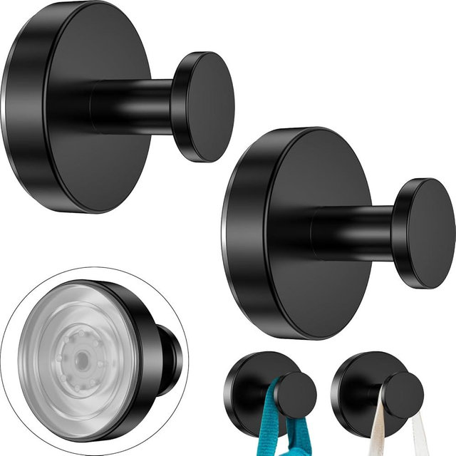 Suction Cup Hooks for Shower, No-Drill Hook for Bathroom Kitchen Glass Door Mirror Tile, Loofah, Towel, Coat, Bath Robe Hook Holder for Hanging up to 15 lbs, Removable Waterproof & Rustproof (2 Black)