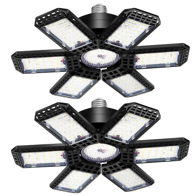 2 Pack LED Garage Light, 200W 20000LM 6500K LED Shop Lights, Garage Lights Ceiling Led with 6+1 Deformable Panels, Screw in E26/E27 Socket Bulb for Warehouse, Workshop, Basement, Barn, Garage Lighting