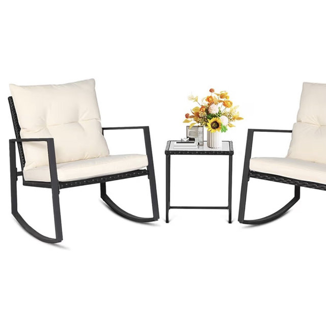 SUNCROWN 3 Piece Outdoor Rocking Bistro Set Black Wicker Furniture Porch Chairs Conversation Sets with Glass Coffee Table, Beige