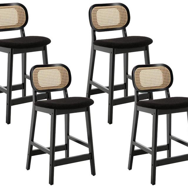 Shunzhi Rattan Counter Height Bar Stools Set of 4 Upholstered Sherpa Barstools with Cane Back Boho Wood Farmhouse Kitchen Island Chairs Comfy Bar Chairs for Pub/Home Bar, Black