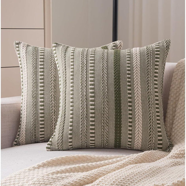 Cethom Boho Throw Pillow Covers 18x18 Inch Set of 2, Farmhouse Decorative Couch Pillow Cases, Green Accent Pillows of Bed, Sofa Bedroom Living Room Home Decor Cushion Cover