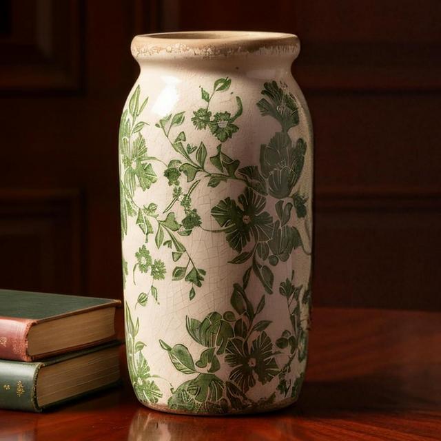SincereLuxe Vintage Green Floral Ceramic Vase, 8 Inch Crackle Glaze Rustic Handmade Vase, Decorative Pottery for Fresh or Dried Flowers, Farmhouse Cottage Modern Rustic Decor