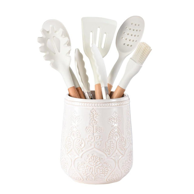 Lunaicorn Utensil Holder, Large Kitchen Utensil Holder for Kitchen Counter, 6.7”Ceramic Cooking Utensil Holder, Kitchen Decor for Counter (White)