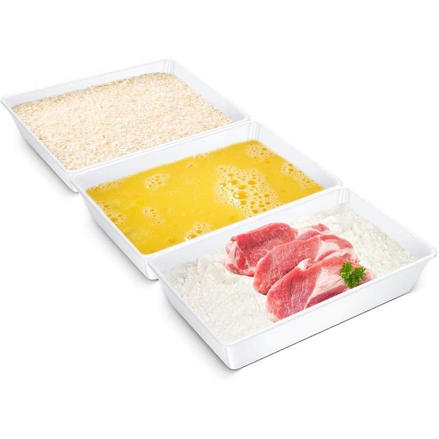 Vicenpal Set of 3 Breading Pans, Plastic Serving Trays Large 13.9 x 9.3 x 2.8 Inch Reusable Stackable White Platter Heightened Serving Plate for Pantry Chicken Fish Snacks Desserts for Parties