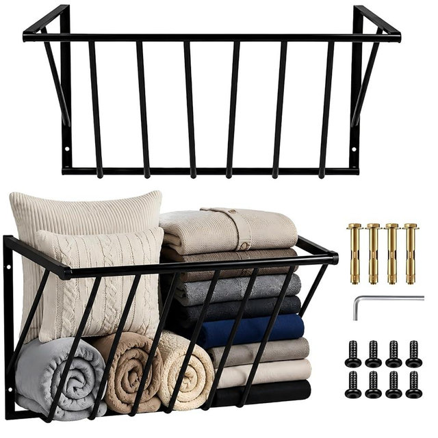 Maxdot Large 31.5 Inch Long Blanket Holder Wall Mounted, Metal Blanket Rack for Living Room, Space-Saving Quilt Rack for Bedroom, Stuffed Animal Storage & Towel for Bathroom, Laundry Room, Black
