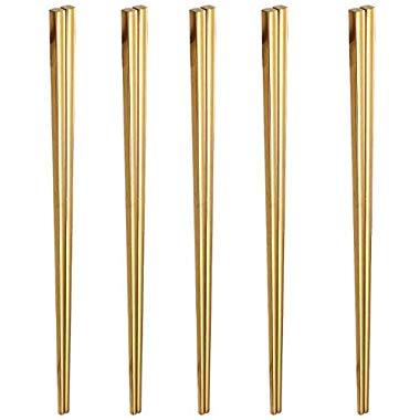 JUCOX Chopsticks Reusable, Metal Chopsticks 304 Stainless Steel Gold Chopsticks Dishwash Safe, 9 Inch Long 5 Pairs Set Square.