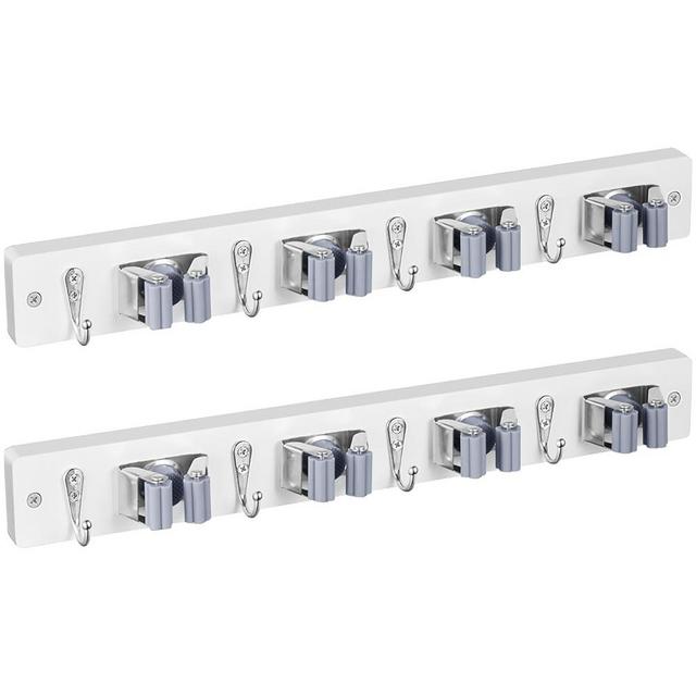 OUTNILI 2 Pack Mop Broom Holder Wall Mount - White Wood Broom Mop Hanger - Wall Mounted Garden Tool Rack Organizer for Closet Garage Laundry Room, 4 Slots & 4 Hooks