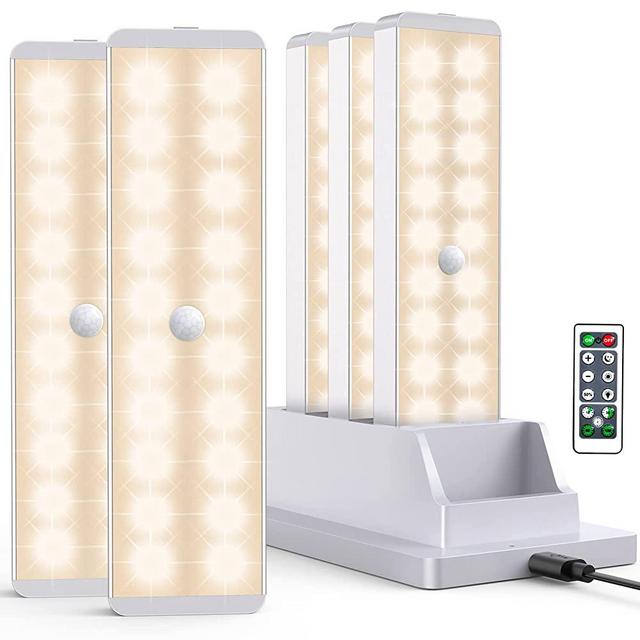 LED Closet Light with Charging Station, 20LEDs Rechargeable Motion Sensor Under Cabinet Lighting with Remote Control, Wireless Stick-Anywhere Night Safe Light Bar for Wardrobe,Kitchen-5 Pcs,Warm White