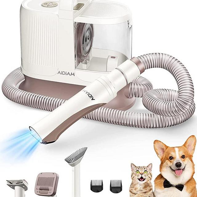 AIDIAM Dog Grooming Kit Low Noise, 3-Mode Pet Grooming Vacuum, 5-in-1 Pet Grooming Kit with Vacuum, Remove 99% Pet Hairs, Shedding Deshedding Tools Hair Clipper for Cats, Dogs and Other Animals