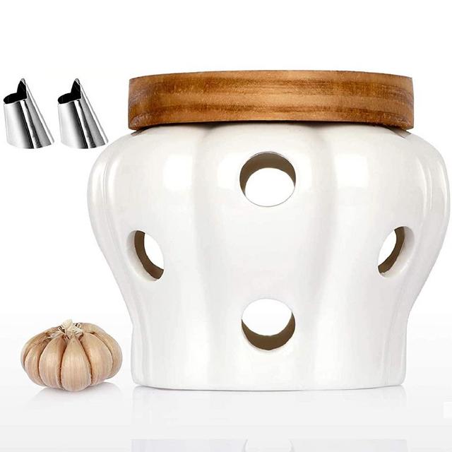 Allprettyall Garlic Keeper Vented Ceramic Garlic Storage Container White Stoneware with Acacia Wood Lid