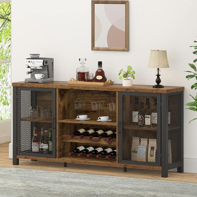 Launica Industrial Coffee Bar Cabinet, Wine Bar Cabinet for Liquor and Glasses, Liquor Cabinet with wine Rack Storage, Wood Metal Sideboard Buffet Cabinet for Home Kitchen Dining, Rustic Brown 55 Inch