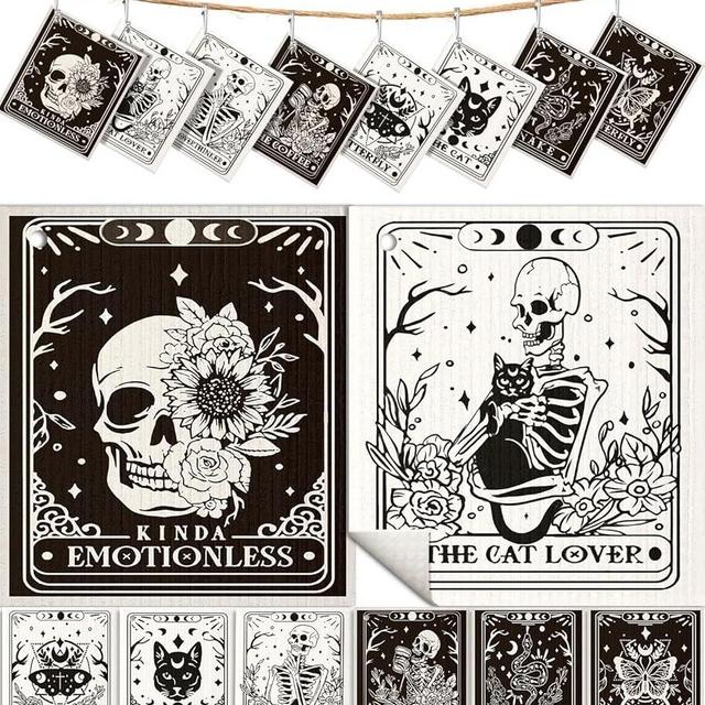 Miss Adola 8 Pack Reusable Kitchen Dishcloths - Absorbent, Fast Drying, Washable Swedish Towels with Cute Black Skull Pattern