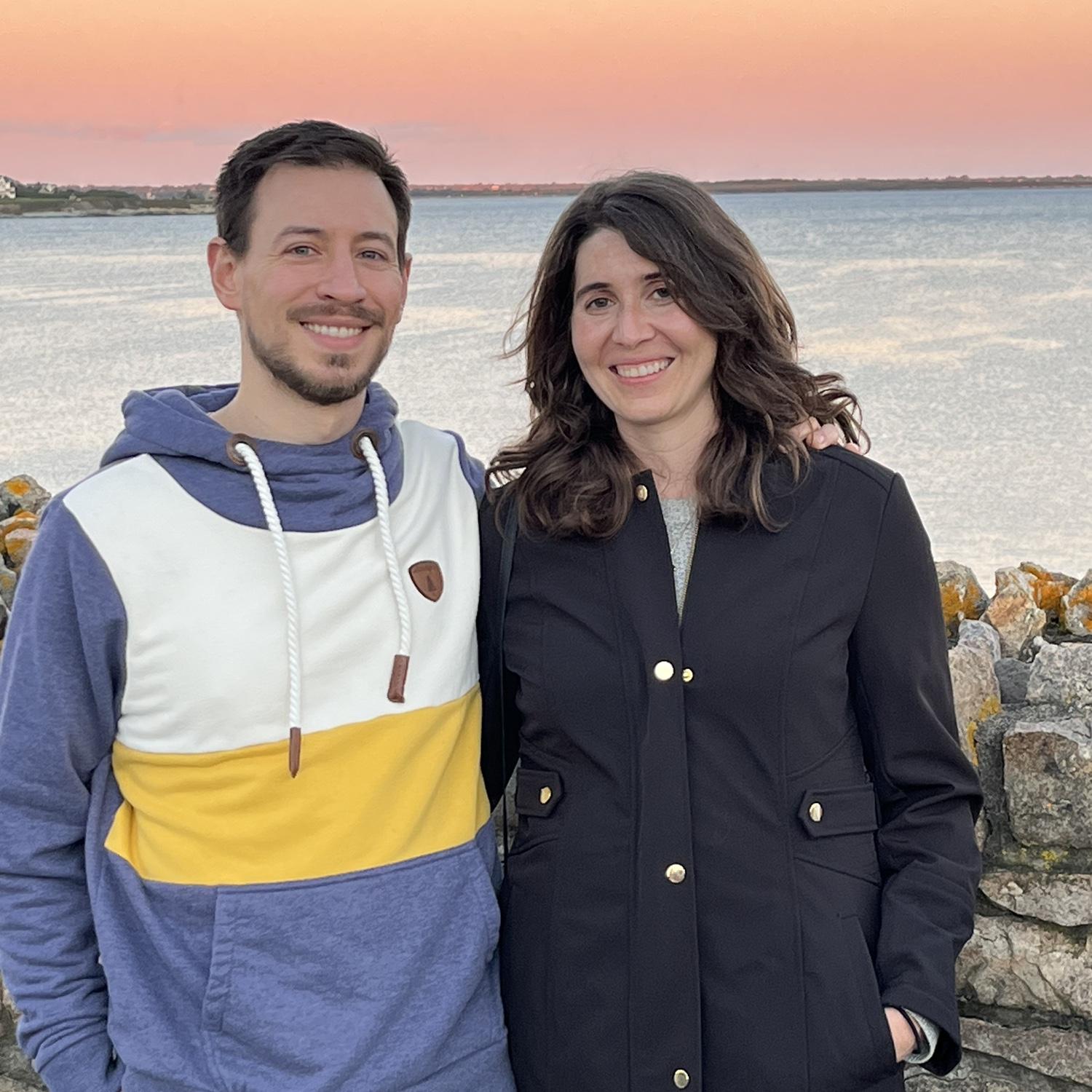 Our first photo together! Sunset on the cliff walk in Rhode Island overlooking the Atlantic Ocean.
