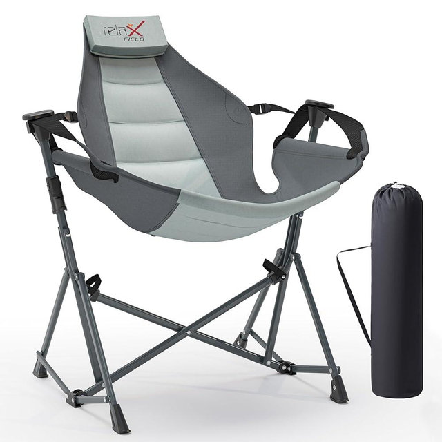 RELAX FIELD Hammock Camping Chair, 3 Heights Swinging Chair with Adjustable Backrest, Folding Rocking Chair with Head Pillow&Cup Holder, Outdoor Chair for Camping and Hiking, Supports 350lbs, Grey