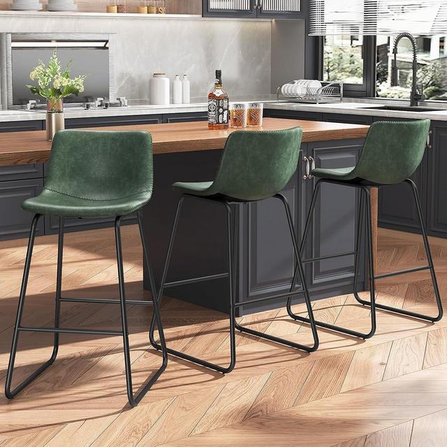 REONEY Bar Stools Set of 3, Faux Leather Counter Height Stools, 26" Modern Bar Stools with Metal Legs and Footrest, Urban Armless Counter Chairs with Back for Kitchen Island (Green)