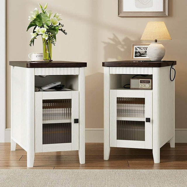 iPormis End Table Set of 2 with Charging Station, Narrow Side Table for Living Room, Farmhouse Night Stand with Storage Cabinet, Wood Bedside Table for Bedroom Small Space, White