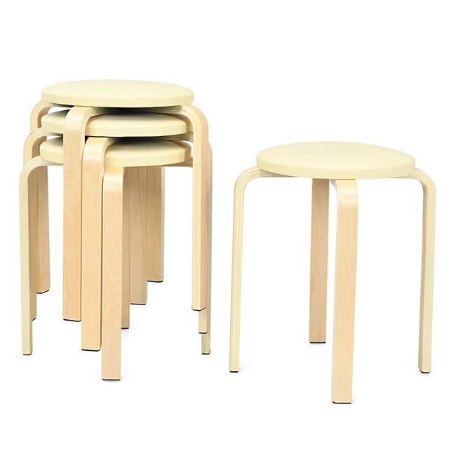 COSTWAY 18.5-inch Bentwood Stools, Set of 4 Backless Round Stools with Cushioned Seat, Non-Slip Foot Mats, Stackable Counter Stools for Dining, Kitchen, Living and Class Room (Birch)