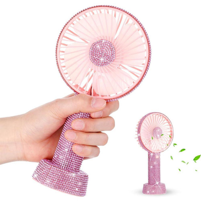 Mudder Rhinestone Handheld Fan Crystal Bling Mini Personal Bride Fan Glitter Bedazzled USB Rechargeable & Battery Operated for Women Outdoor Wedding Travel Indoor Makeup Office(Pink,Standing)