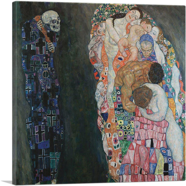 ARTCANVAS Death and Life 1910 Canvas Art Print Stretched Framed Painting Picture Poster Giclee Wall Decor by Gustav Klimt - 18" x 18" (0.75" Deep)