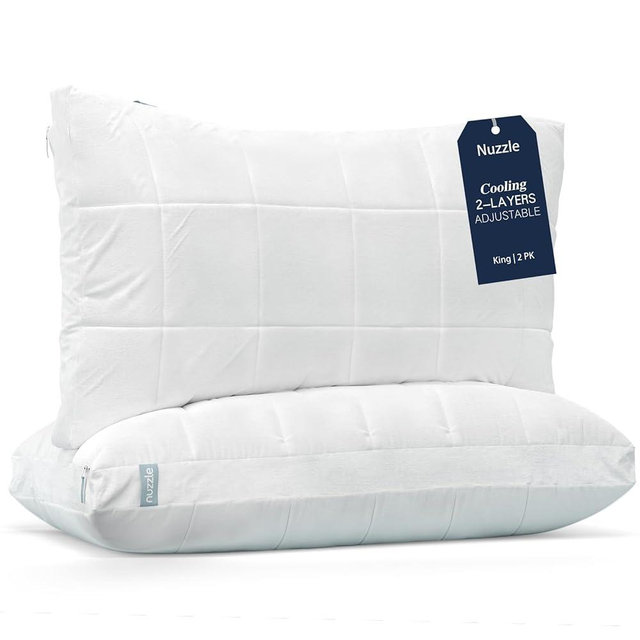 Nuzzle Cooling Adjustable Pillows for Side Sleepers, Luxury King Size Set of 2 Bed Pillows Hotel Collection - Best Adjust Height Soft Firm Pillows for Back, Stomach and Side Sleepers