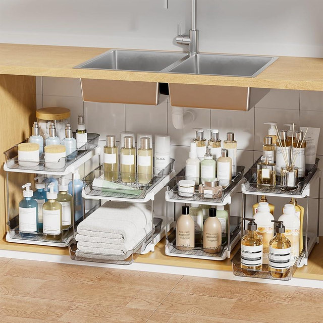 Delamu 4 Sets of 2-Tier Multi-Purpose Bathroom Cabinet Under Sink Organizers and Storage, Stackable Kitchen Pantry Organization and Storage, Grey