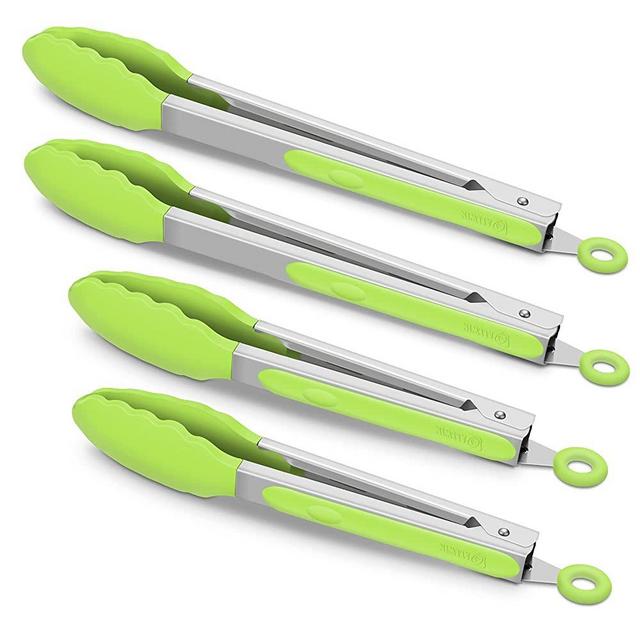 4 Pack Green Kitchen Tongs, Premium Silicone BPA Free Non-Stick Stainless Steel BBQ Cooking Grilling Locking Food Tongs, 9-Inch & 12-Inch