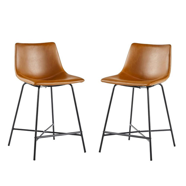 Walker Edison Xuma Modern Faux Leather Armless Low Back Counter Stool, Set of 2, Whiskey Brown