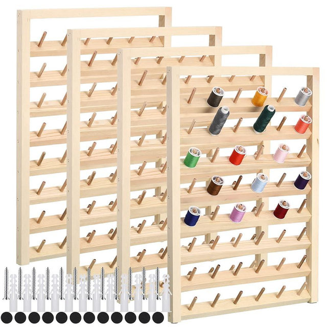 4 Pieces 48 Spool Wooden Thread Holder Wall Mounted Thread Rack with Hanging Hooks Organizer for Mini Sewing Quilting Jewelry Embroidery