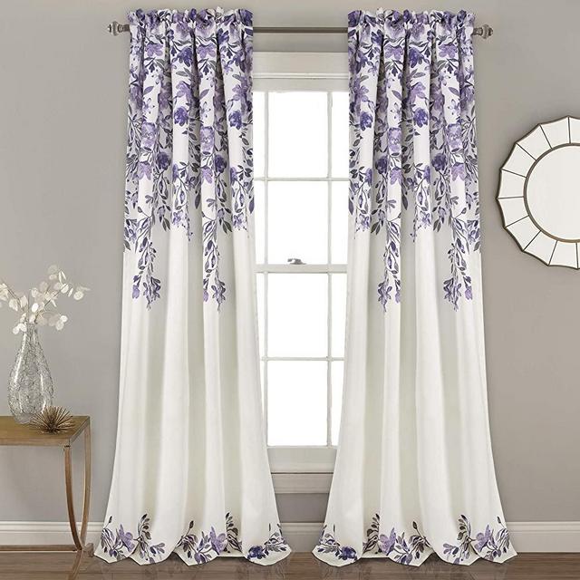 Lush Decor Tanisha Curtains | Room Darkening Floral Vine Print Design Window Panel Set (Pair), 84” x 52” -Purple and Gray, Purple & Gray, rod_pocket