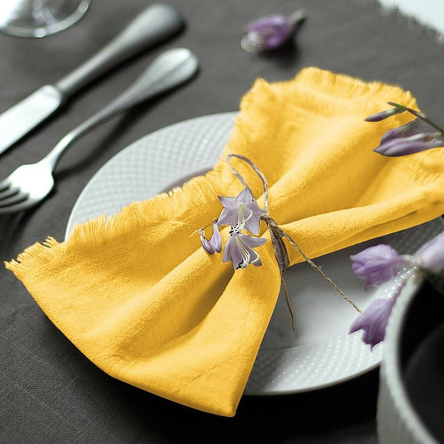 Ayuzawa Handmade Cloth Napkins 100% Cotton Napkins with Fringe，Delicate Handmade Cloth Napkins for Dinners, Parties, Weddings and More，(18 x 18 Inch Set of 6) - Yellow