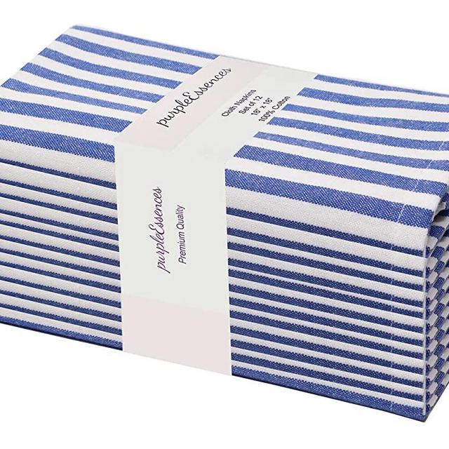 PurpleEssences Set of 12 Stripe Cloth Dinner Napkins 100% Cotton - Perfect Everyday Use Table Linen - Soft Durable Washable – Ideal for Farmhouse Party Wedding Christmas Easter 18x18 Blue White