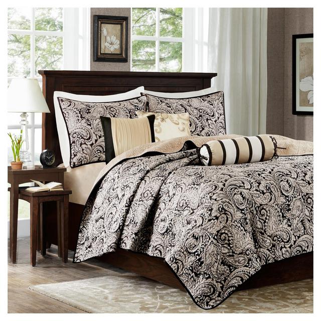 6pc Full/Queen Wellington Jacquard Reversible Quilt Set Black - Madison Park
