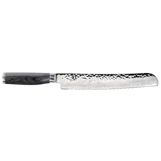 Shun Cutlery Premier Grey Bread Knife 9”, Long Serrations Glide Through Bread, Hammered TSUCHIME Finish, Ideal for Cakes and Pastries, Authentic, Handcrafted, Japanese Serrated Kitchen Knife
