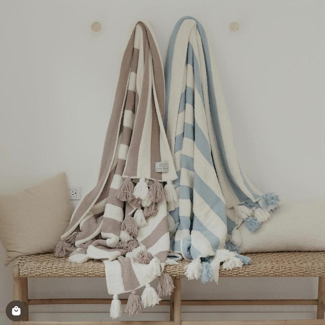 Taupe/Cream Striped Luxe Home Blanket with Tassels