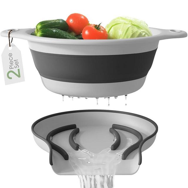 Gevoli Collapsible Colander Strainer, Includes Over-sink Countertop Draining Base (5QT) Large Kitchen Drainer for Vegetables Fruit and Pasta, Round Foldable Draining Basket, Easy Storage (White)