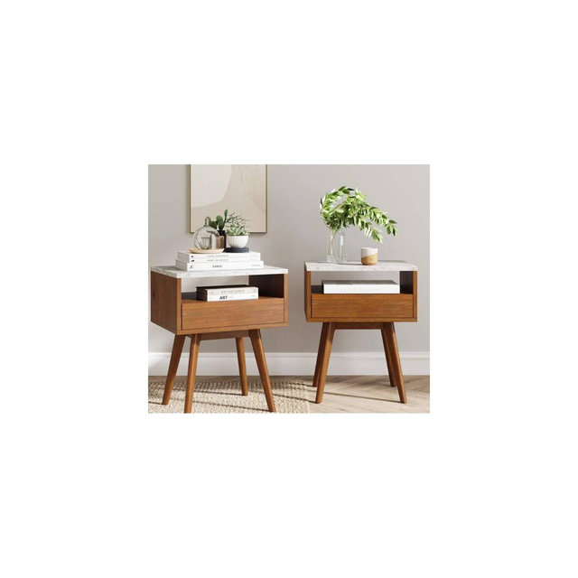 Nathan James Set of 2 Faux Marble and Wood Nightstands Brown