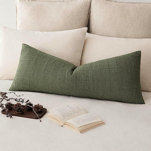 Foindtower Set of 1 Decorative Linen Check Throw Pillow Cover Neutral Long Body Lumbar Cushion Cover Farmhouse Vintage Boho Home Decor for Sofa Chair Couch Bedroom Living Room,14×36 Inch,Olive Green