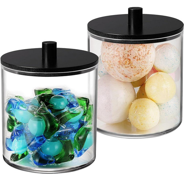 SheeChung 2 Pack 50oz Matte Black Bamboo Lid Apothecary Jar, Modern Laundry Pods Container, Industrial Organization & Storage Jar, Shatterproof Plastic Canister for Scent Beads with Stickers & Spoon