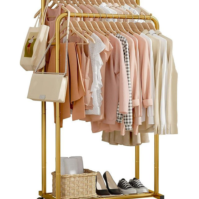 Sakugi Clothes Rack - Clothing Rack with Storage Mesh Shelf & Casters, Heavy-Duty Metal Clothing Rack for Hanging Clothes, Dresses, Coats, Large Load Capacity, Easy Assembly, Gold, 28.0"x16.0"x59.0"