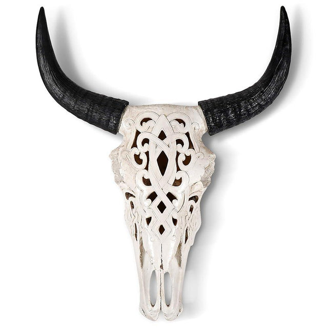 Wallcharmers Cow Skull Carved White + Black Faux Steer Skull - 19" Faux Taxidermy Animal Head Wall Decor - Handmade Farmhouse Decor