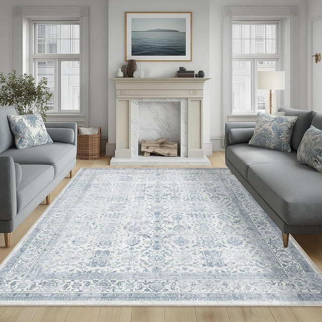 FMFUNCTEX 8x10 Washable Area Rug Blue Vintage Neutral Distressed Large Non Slip Carpet for Living Room Bedroom Soft Low Pile Indoor Mat Retro Floral Throw Rug for Dining Room Kitchen Office Nursery