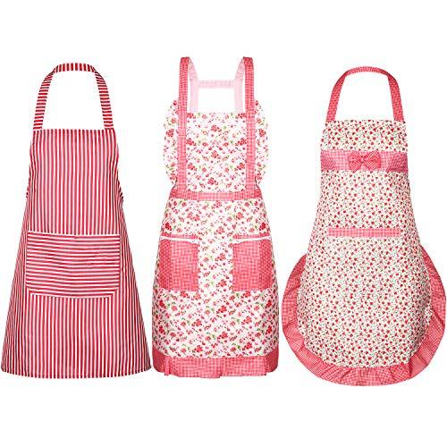 SATINIOR 3 Pieces Women Apron with Pockets Cute Vintage Cooking Apron Kitchen Housework Aprons for Christmas Thanksgiving Gift (Color Set 5, Size Set 5)