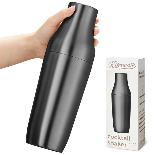 Kitessensu Hybrid Cocktail Shaker | Vacuum Insulated Stainless Steel Martini Shaker with Double Wall Martini Cup | Integrated Measuring System | Tumbler Lid & Cocktail Recipes Included | Matte Black