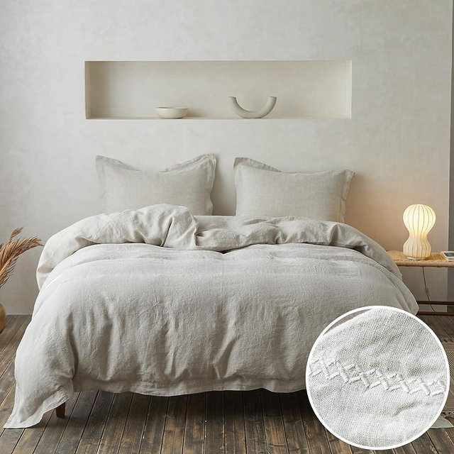Simple&Opulence 100% Linen Duvet Cover Set with Crossed Embroidery Washed - 3 Pieces (1 Duvet Cover with 2 Pillow Shams) Soft Breathable Farmhouse - Linen, King Size